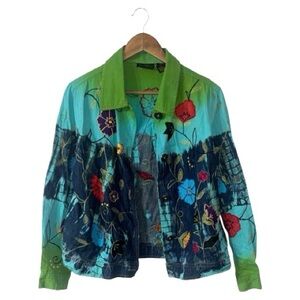 Allure Artsy Lagenlook Floral Colorful Jean Jacket Lightweight Blue Green Medium